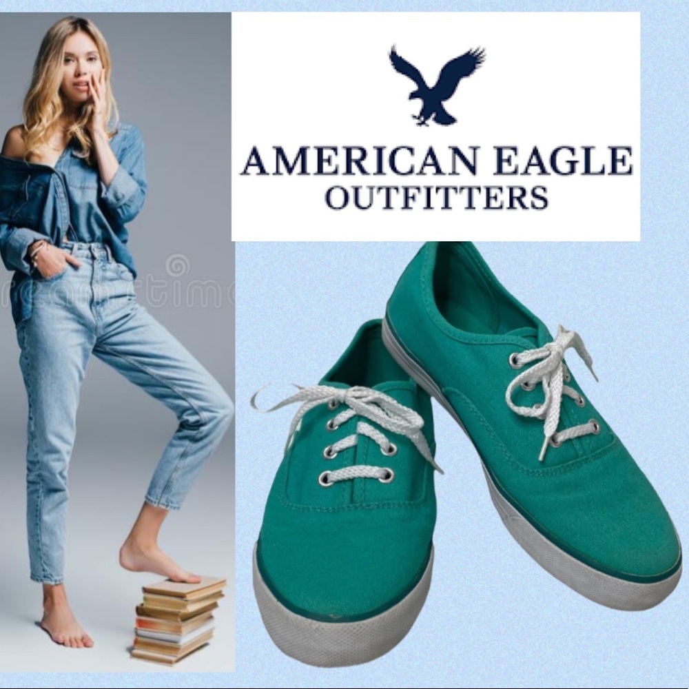 American Eagle Canvas Sneaker Colorful Retro Teal Blue Green Womens Shoes Size 6